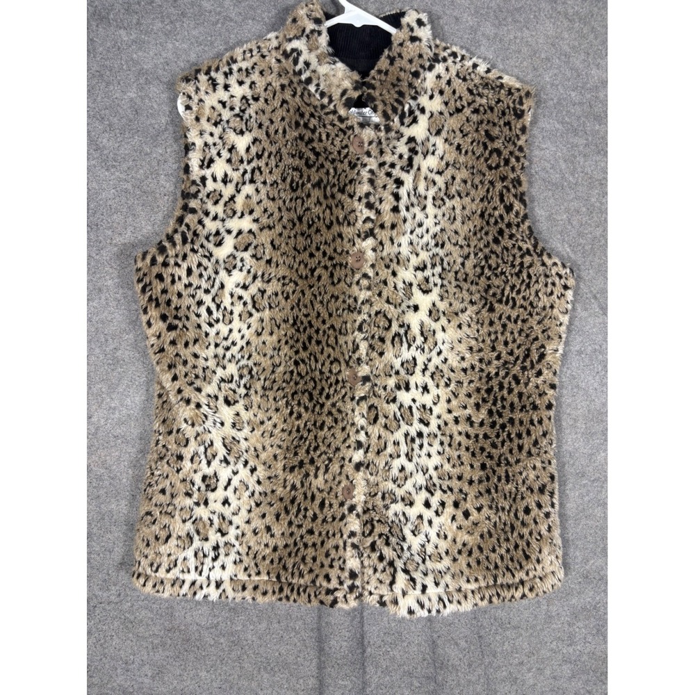 Coldwater Creek Womens Leopard Faux Fur Vest Brown Black Animal Print Large L